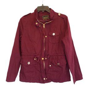 CEsttoi Womens Burgundy Utility Jacket W/ Drawstring Waist & Button Accents
